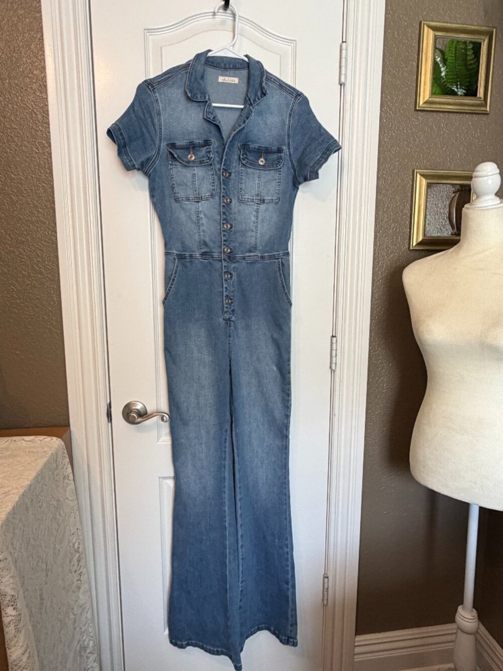 Altar'd State Short Sleeve Denim Flare Leg Jumpsuit - Medium Wash